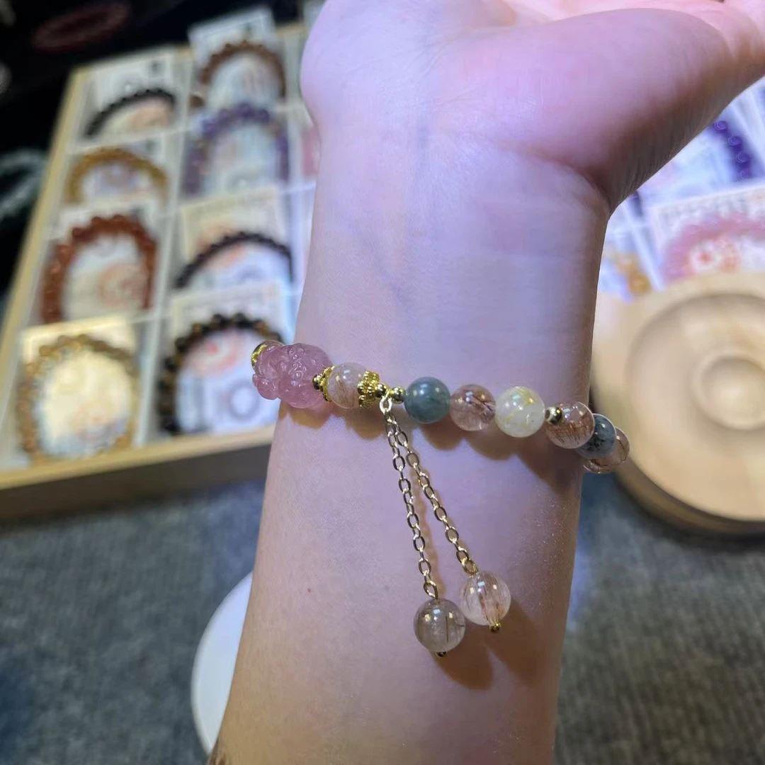 天然辰砂【灵和运】天然多宝水晶貔貅招米设计款流苏女士手串