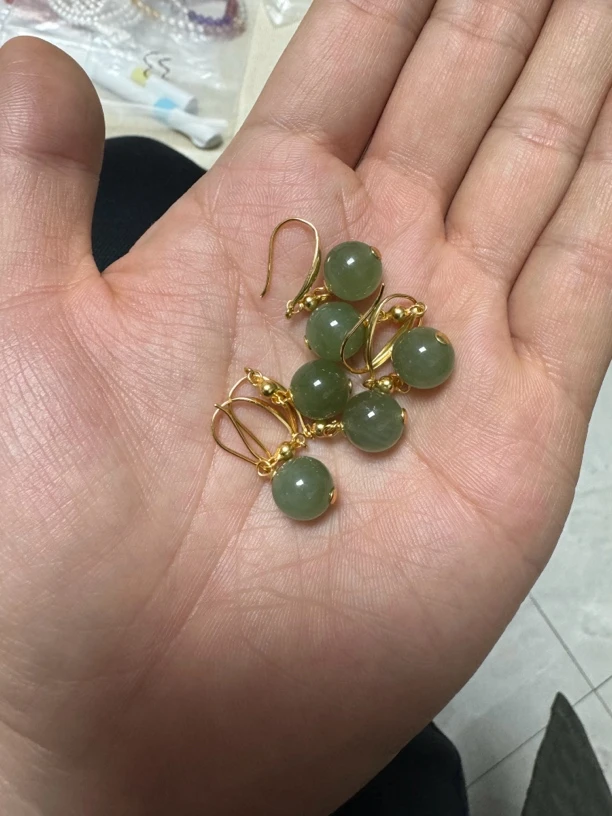 和田玉s925银镶单珠耳钩