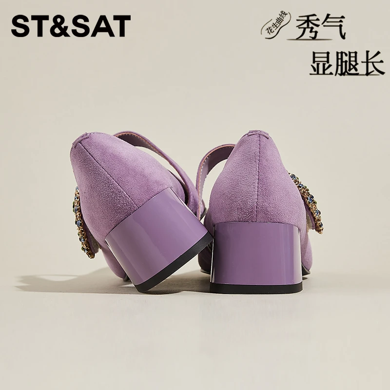 星期六方头芭蕾高跟鞋玛丽珍鞋女2025秋季一字扣带小香风软底单鞋