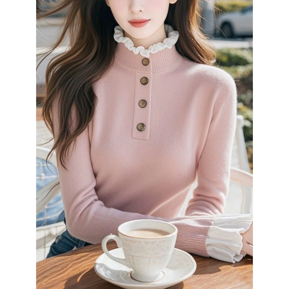 粉色半高领针织衫女士秋季新款重工纽扣拼接显瘦长袖毛衣气质上衣