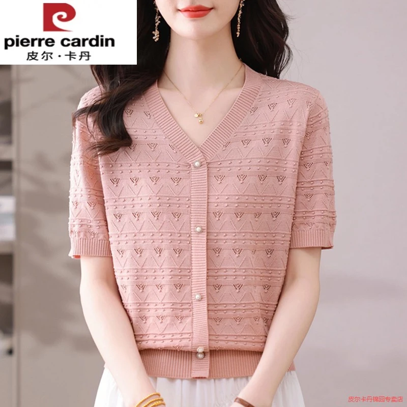 皮尔卡丹桑蚕丝针织衫女夏季新款V领提花短袖t恤宽松显瘦冰丝上衣