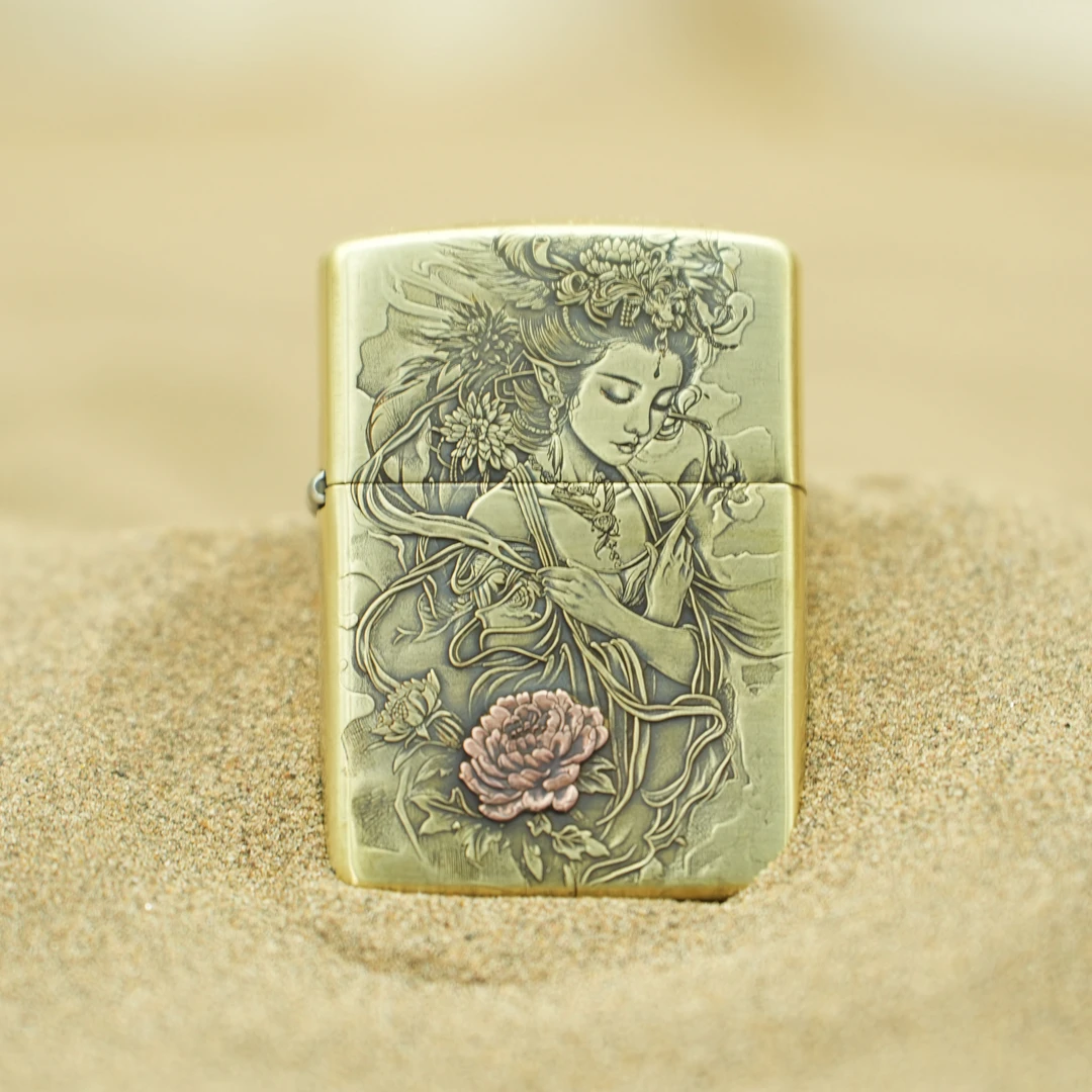ZIPPO/之宝风花雪月纯铜盔甲紫铜镶嵌官方正品打火机美女牡丹DYJ1