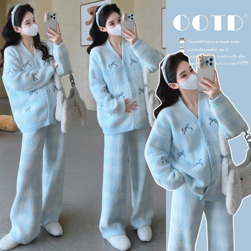 2025新款孕妇装秋冬装加厚蝴蝶结刺绣上衣两件套网红休闲洋气套装