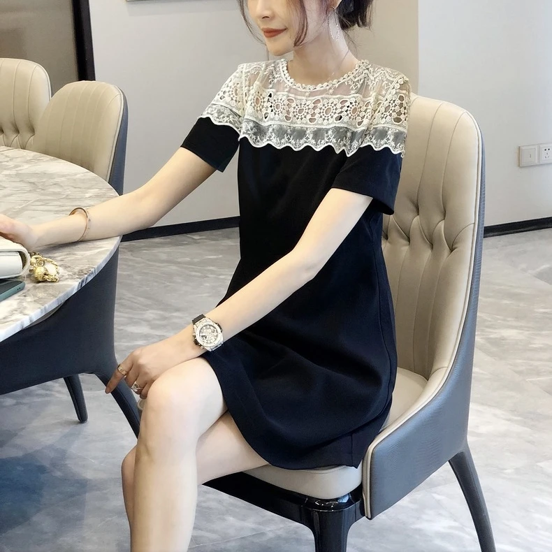 6328 法式蕾丝黑色连衣裙女赫本风气质显瘦a字裙夏季2新款