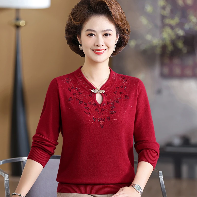 妈妈装针织上衣复古旗袍领毛衣新款宽松内搭洋气奶奶打底秋冬衣服