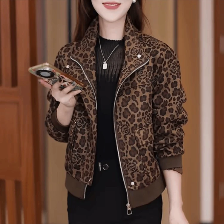 豹纹短外套女秋季2025新款韩版修身时尚洋气立领女士春秋夹克上衣