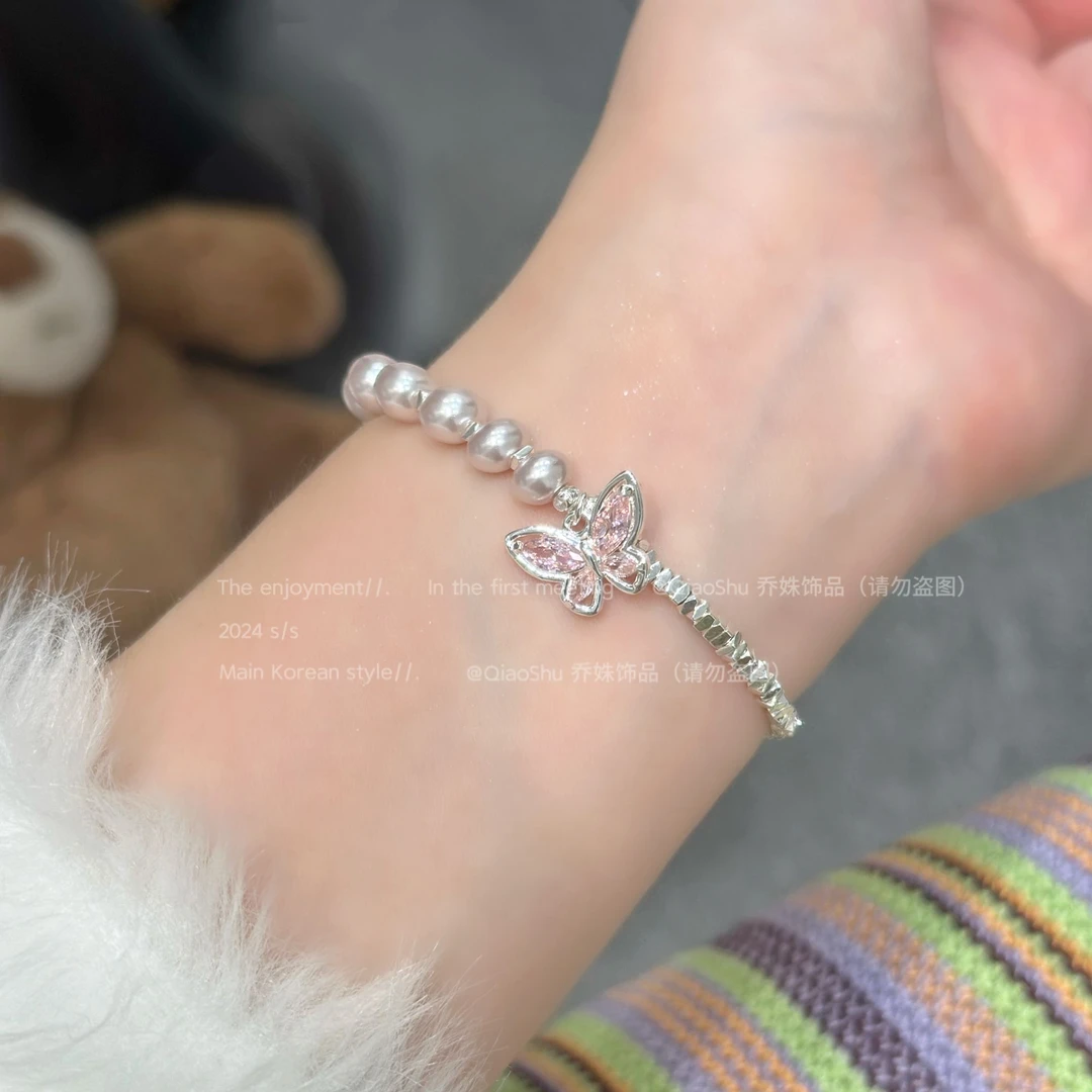 铜合金仿珍珠手链 B133气质碎碎子珠珠拼接蝴蝶手链女轻奢小众