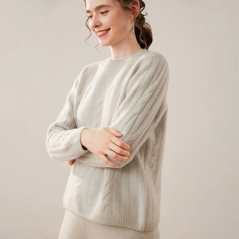 秋冬上新五针绞花羊绒圆领宽松羊绒针织毛衣