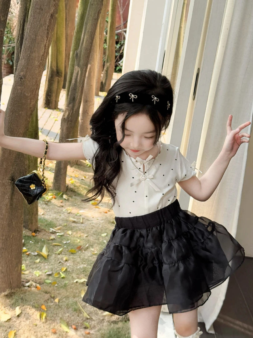 女童夏季波点蝴蝶结短袖T女宝宝纱半身裙百搭双层蓬蓬裙套装洋气