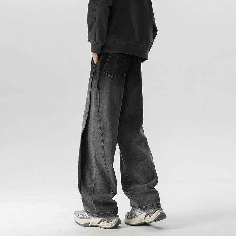 美式复古水洗做旧阔腿牛仔裤男春秋新款高街裤子解构直筒微喇长裤