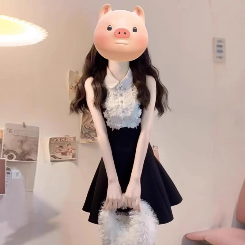 富家千金高级感黑色无袖背心连衣裙夏装蕾丝设计感收腰a字蓬蓬裙