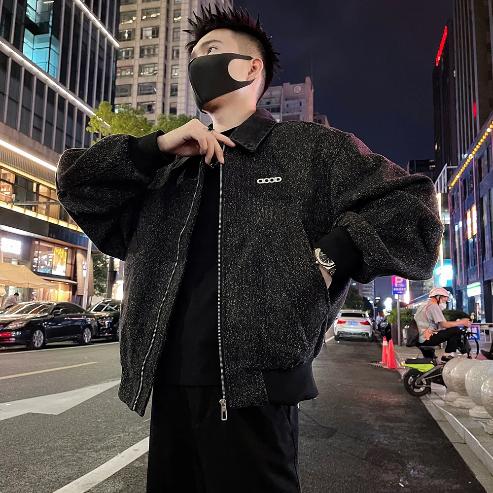 2025秋款潮牌时尚帅气翻领金属字母装饰夹克休闲秋冬外套男潮流