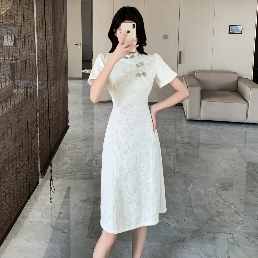 赫小本香风新中式复古名媛气质烫钻泡泡袖旗袍连衣裙黑色晚礼服女