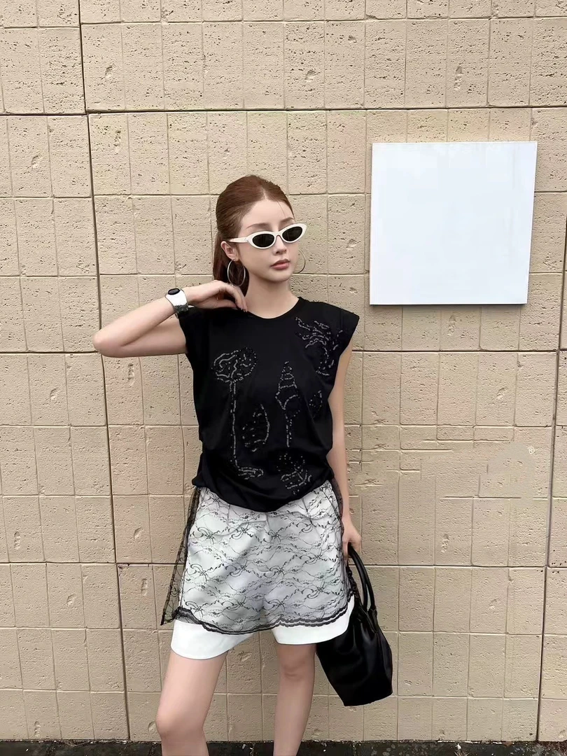 【556】伊#重工艺蕾丝拼接无袖上衣