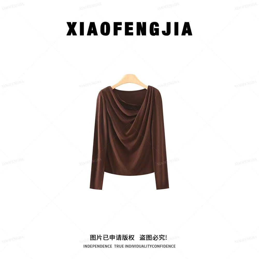 2025秋季新款【四季青小封家轻奢】+纯欲荡领褶皱掐腰长袖t恤+3469