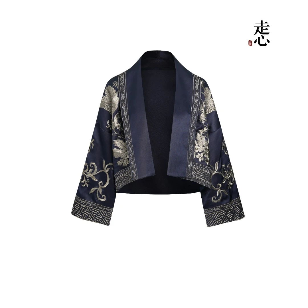 【走心非遗香云纱】凤穿牡丹极夜蓝银 外披24ZWT5202