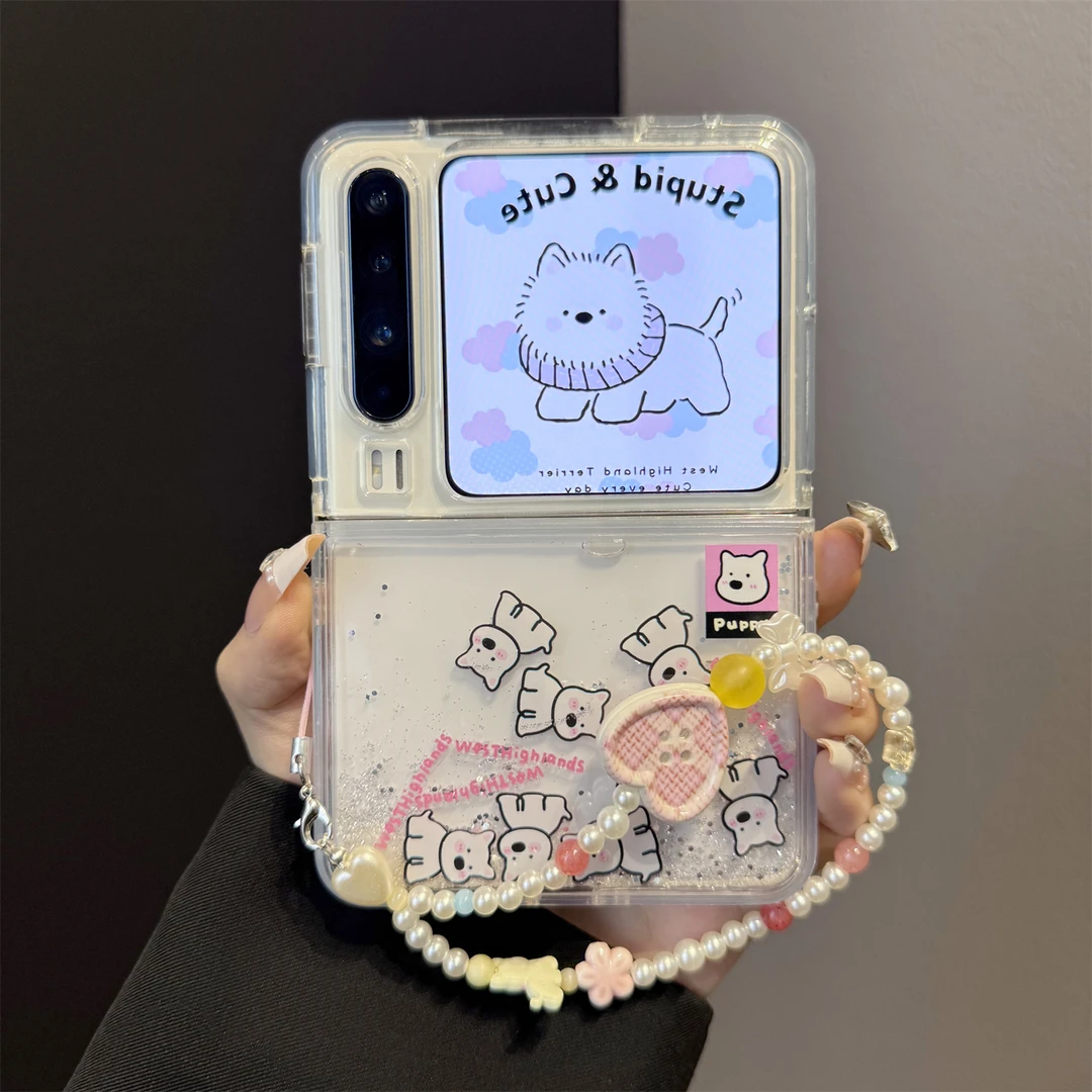 适用华为purax折叠屏手机壳透明闪粉流沙PuraX西高地狗狗滑块链条