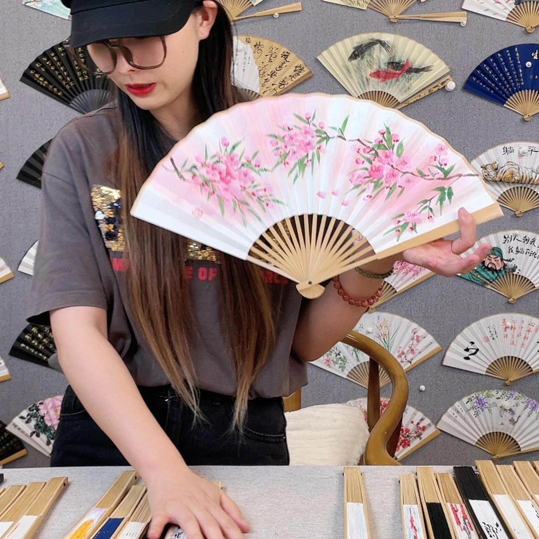 国画8寸玉竹-纯手绘-文玩扇骨（默认粘好）