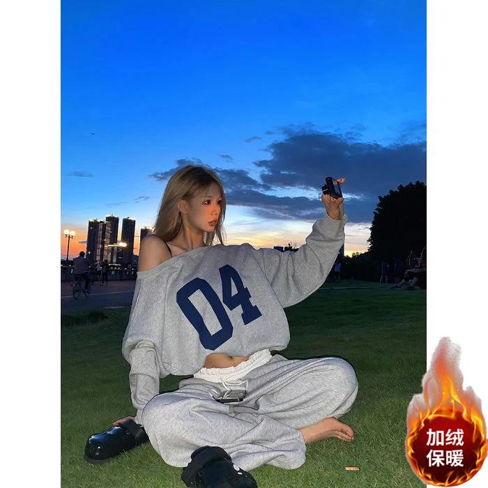 薄款卫衣女秋2025韩版新款一字领设计感字母宽松加绒加厚辣妹上衣