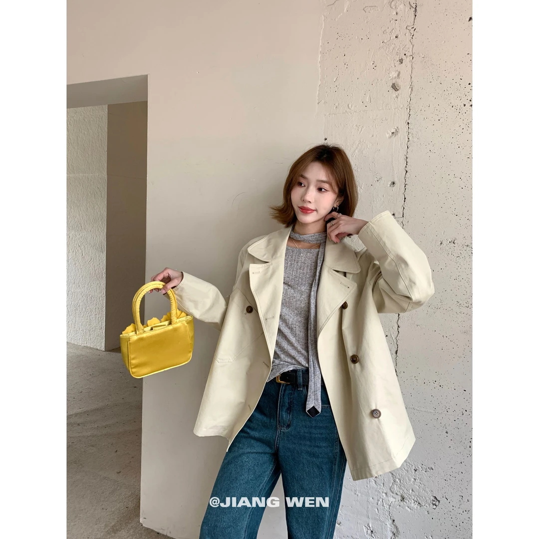 UKILAU【游牧诗人】知识分子风卡其色宽松短款风衣双排翻领【欧若风】