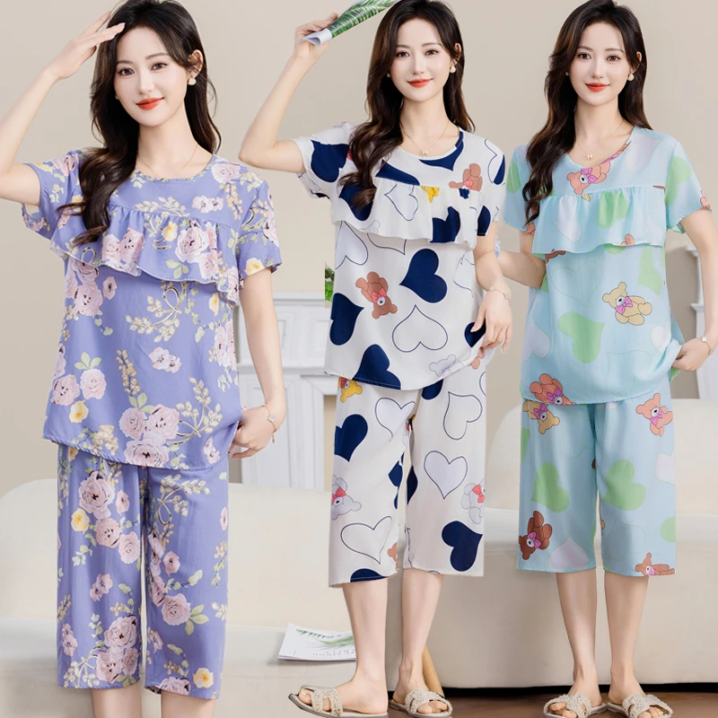 夏装新款棉绸短袖防凸点七分裤睡衣套装夏季舒适人造棉家居服宽松