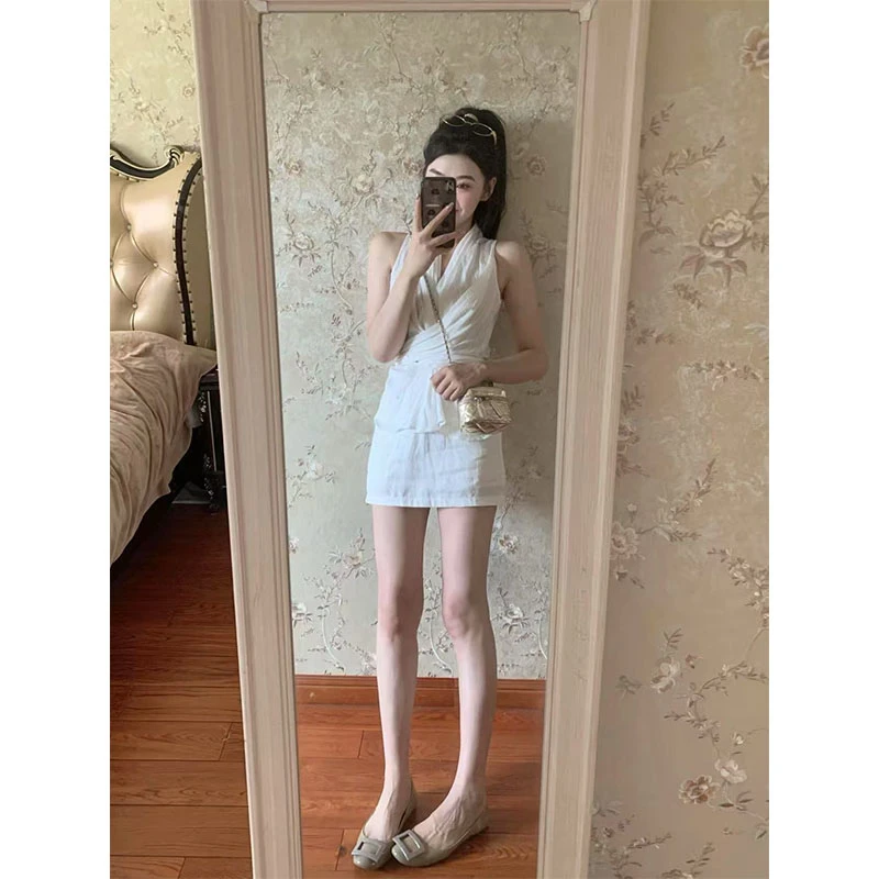新中式禅意套装裙女V领背心上衣夏季高腰半身短裙清冷感两件套女