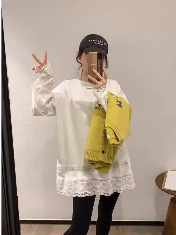 洋气蕾丝棉体恤130-200斤春秋长袖时尚宽松