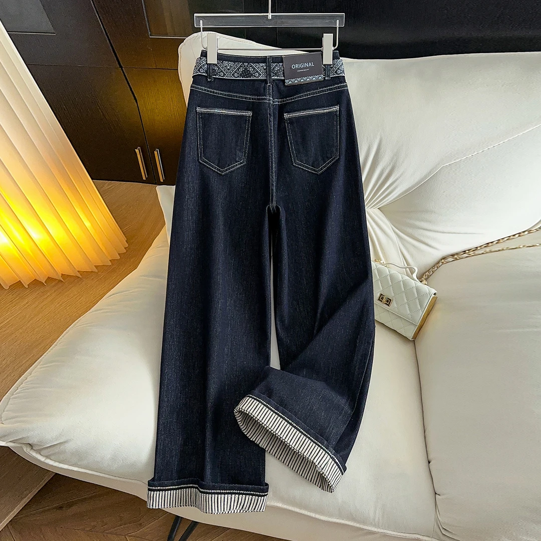 深蓝色丝巾腰带阔腿牛仔裤女春秋季2025新款条纹小个子直筒九分裤