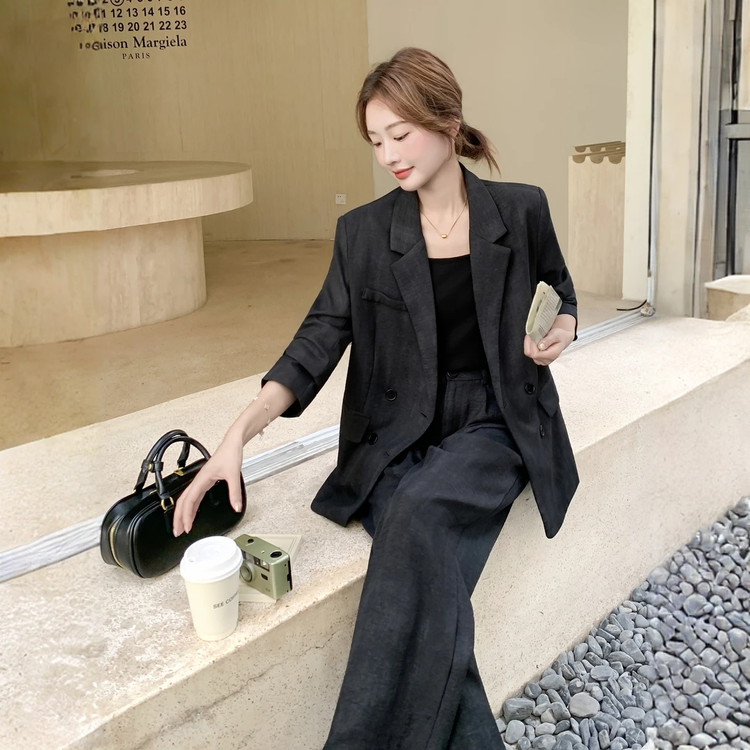 奥顿思兰迪高级感黑色扎染西装外套阔腿裤套装两件套女韩系穿搭