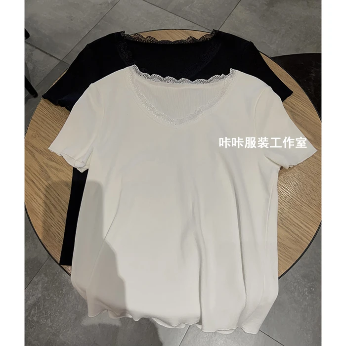 REKAYYAT“伴奏”夏季显瘦韩系温柔气质百搭纯色V领蕾丝短袖T恤