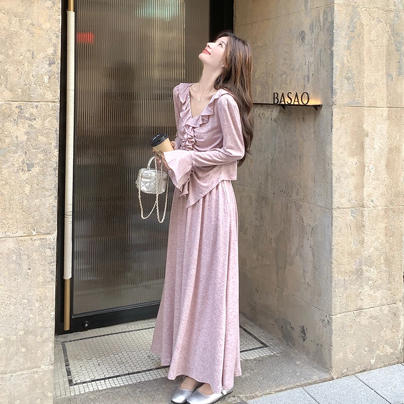 韩系甜美荷叶边初秋长袖套装裙2025秋新款高腰大摆裙纯欲风两件套