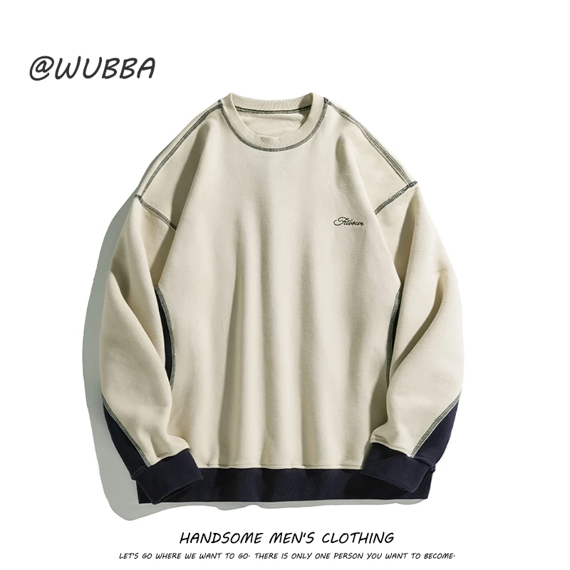 撞色拼接卫衣男宽松圆领套头2025新款百搭重磅日系春秋款长袖T恤