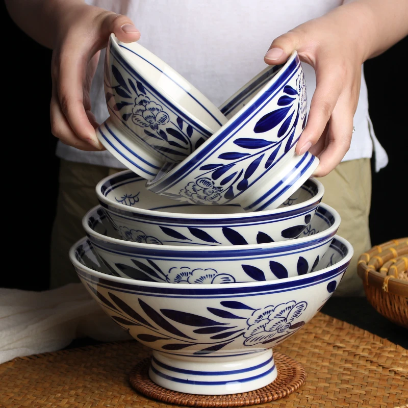 手绘青花拉面碗家用小汤碗高脚高足米饭大碗家用高温釉下彩汤面碗