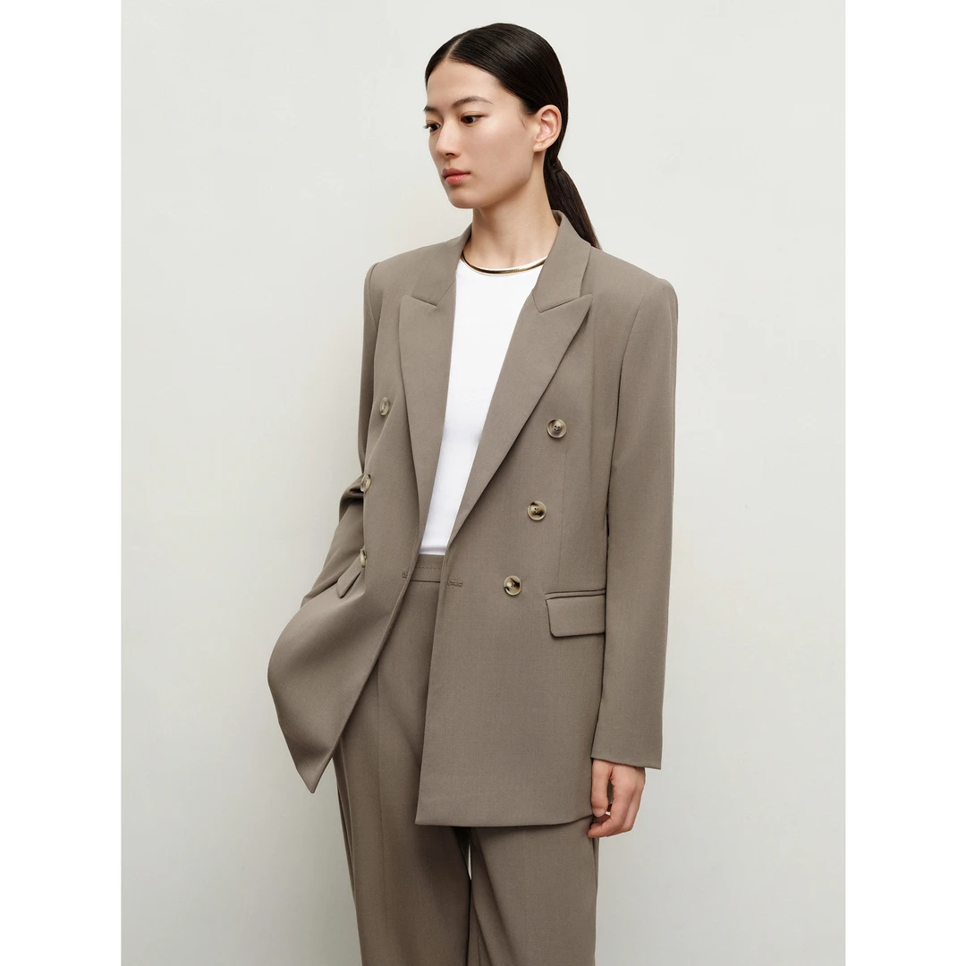 【丽公主专属】玖姿安娜蔻JTEQ40101复古双排扣精纺绵羊毛长西装女