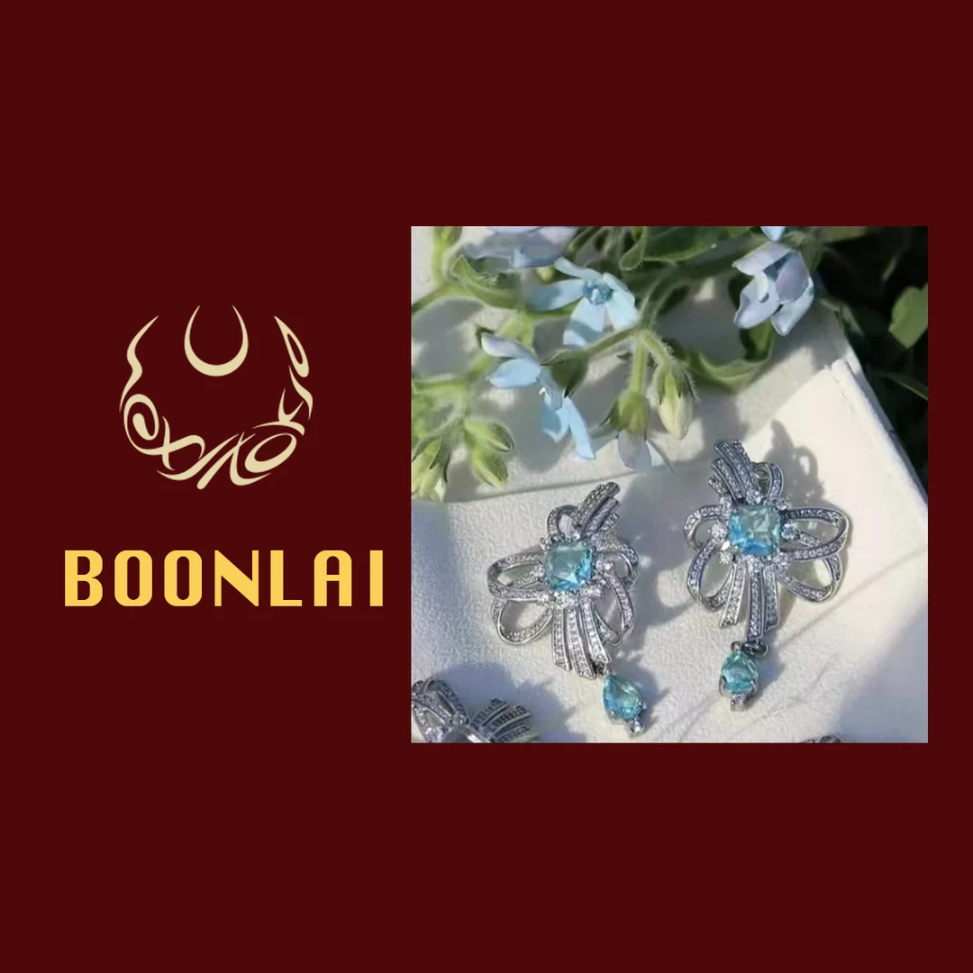 铜合金合成锆石耳饰 Boonlai 蓝钻丝带蝴蝶结耳环015