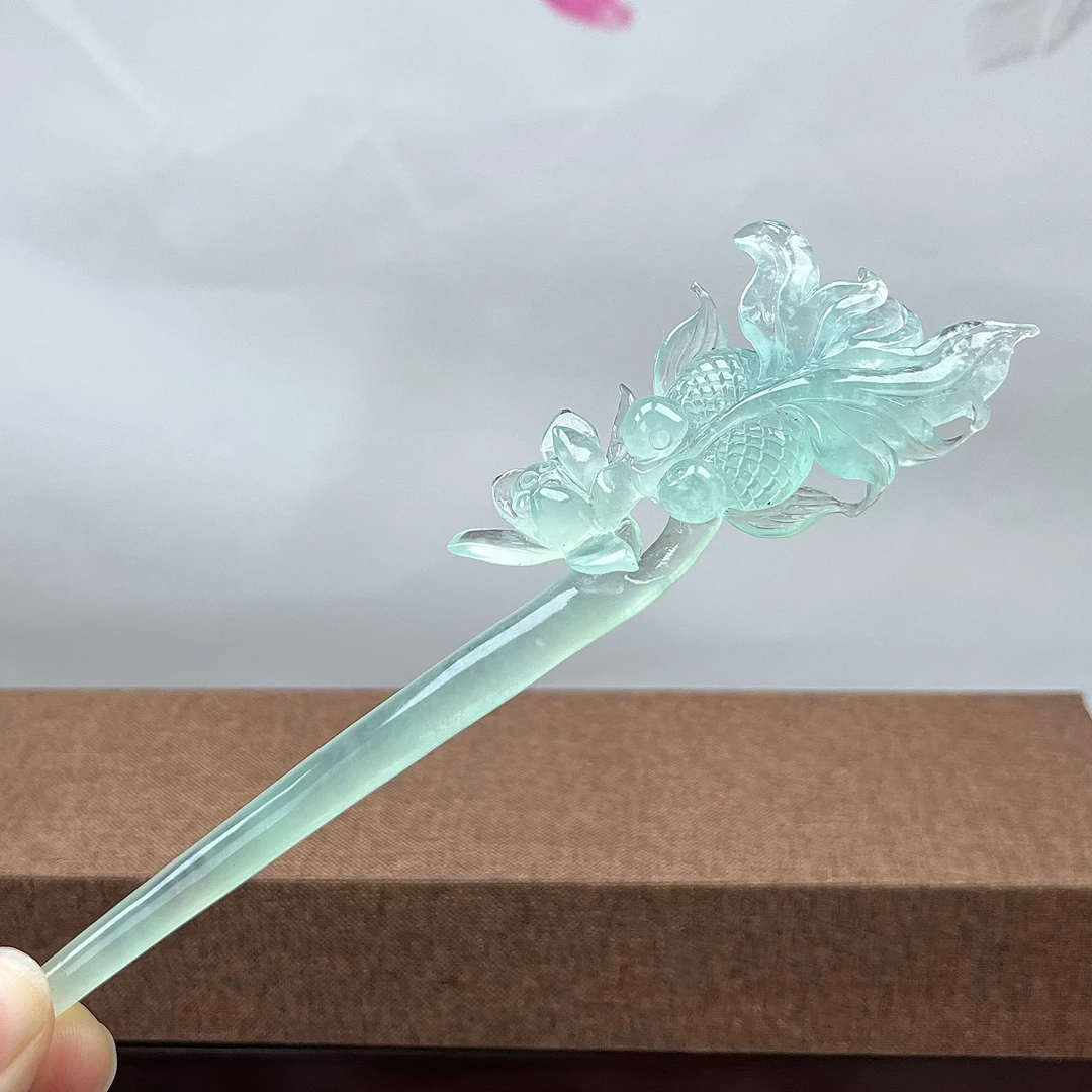 岫玉高品质天青冻小鱼发簪 整体长度18cm 簪体入发长度11cm