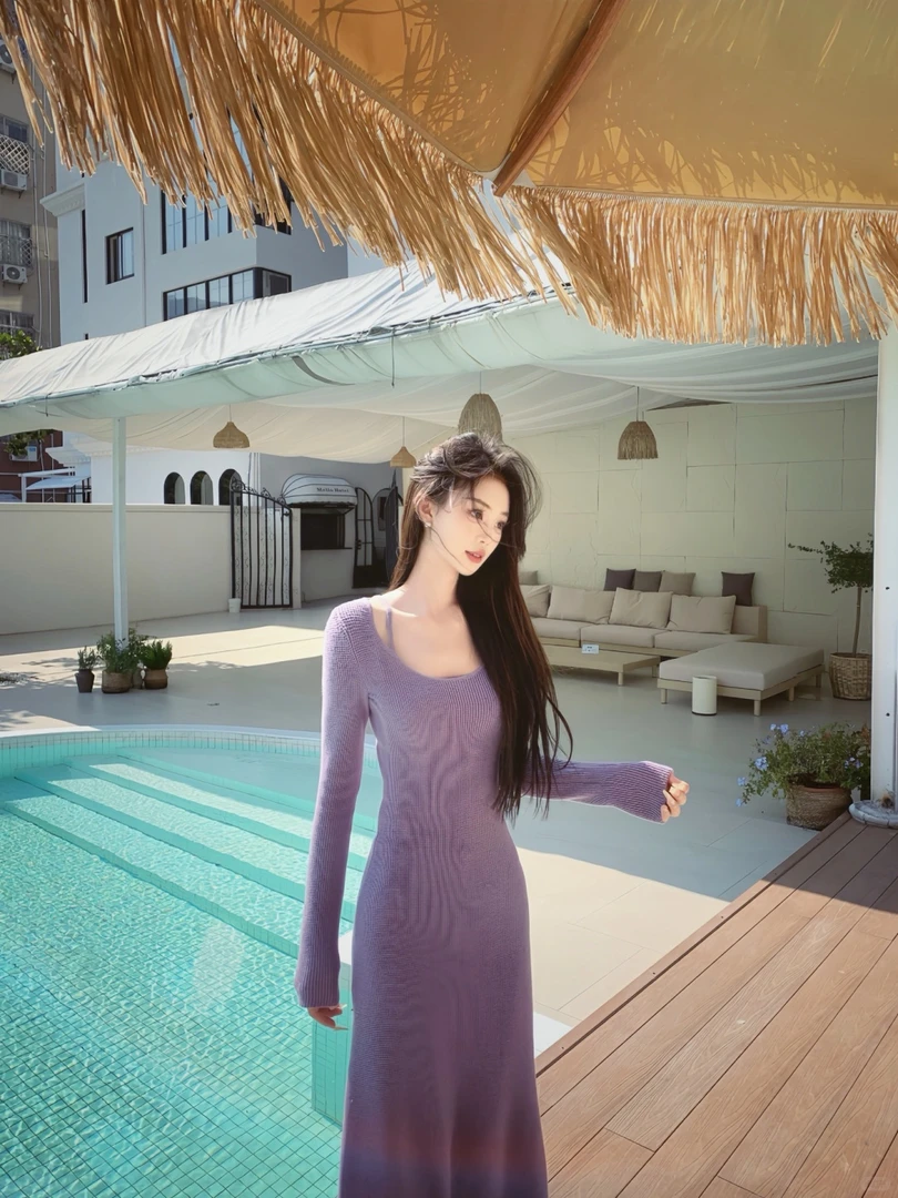 【紫雾派对】时尚气质度假风紫色针织长款连衣裙修身显身材高级感