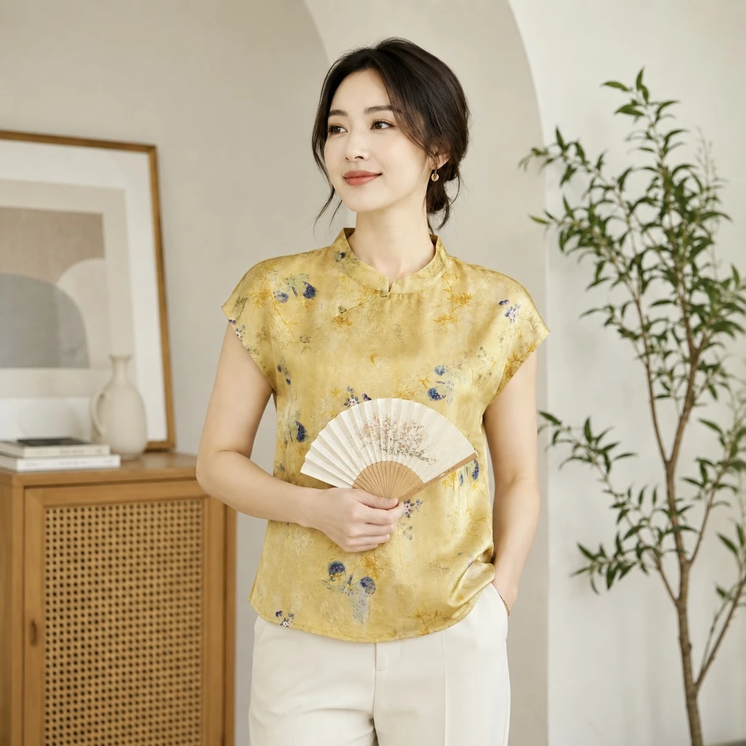 温柔风黄底蓝花缎面小衫 宽松显瘦气质新中式女装上衣【金羚鸟969】