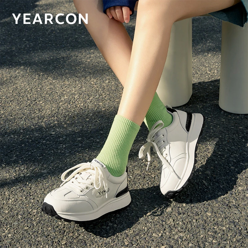 意尔康正品真皮女鞋时尚运动鞋休闲百搭慢跑鞋舒适防滑系带妈妈鞋