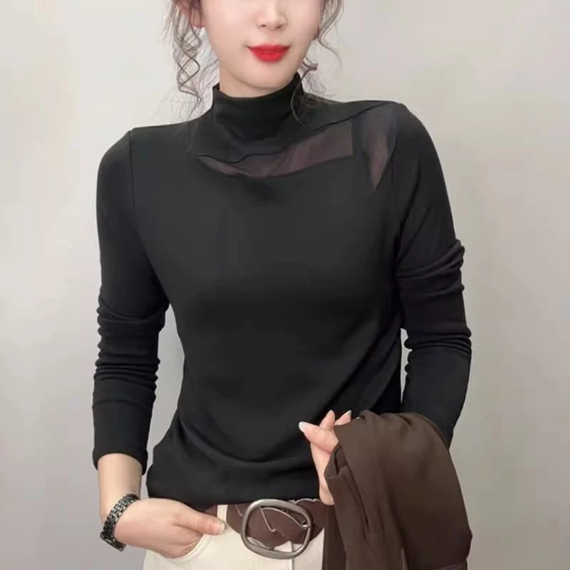 大码胖不规则网纱拼接半高领加绒长袖恤女秋冬修身显瘦上衣潮