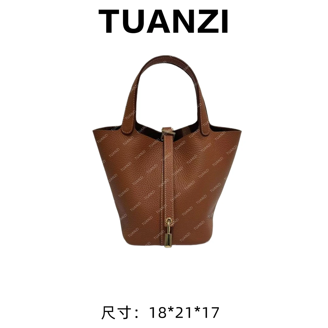 【高端玩家】菜篮子18尺寸头层TC牛皮手提女包 XKY-3842-金棕