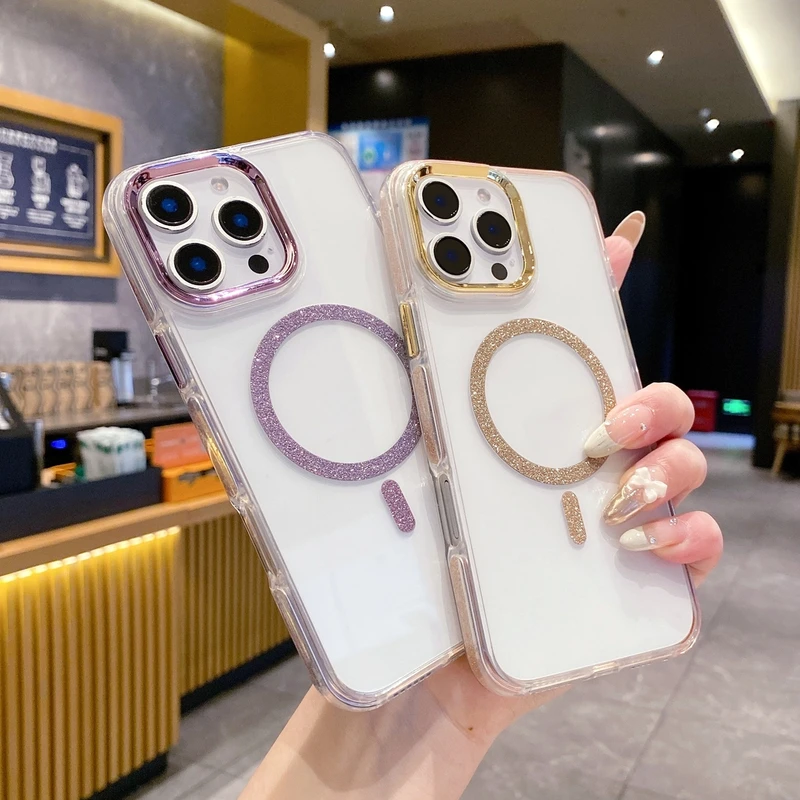 新款透明磁吸闪粉边框适用苹果16promax手机壳15全包14防摔13保护