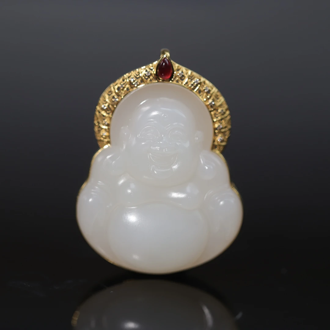 新疆和田玉佛公吊坠大挂坠18K金苏工雕刻弥勒佛女款时尚气质镶嵌