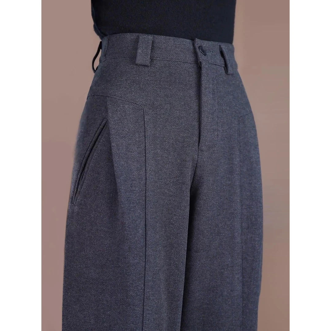 拉夏贝尔西装阔腿裤女2025新款秋冬高级感垂感显瘦休闲弯刀毛呢裤