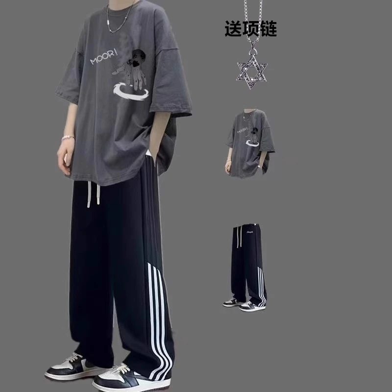 短袖套装男夏季潮流穿搭男装帅气体恤宽松搭配休闲运动裤两件套潮