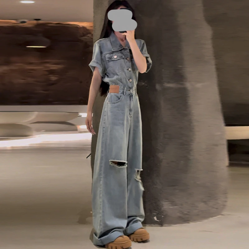 美式复古水洗做旧破洞牛仔连体衣裤女2025夏季新款宽松显瘦阔腿裤