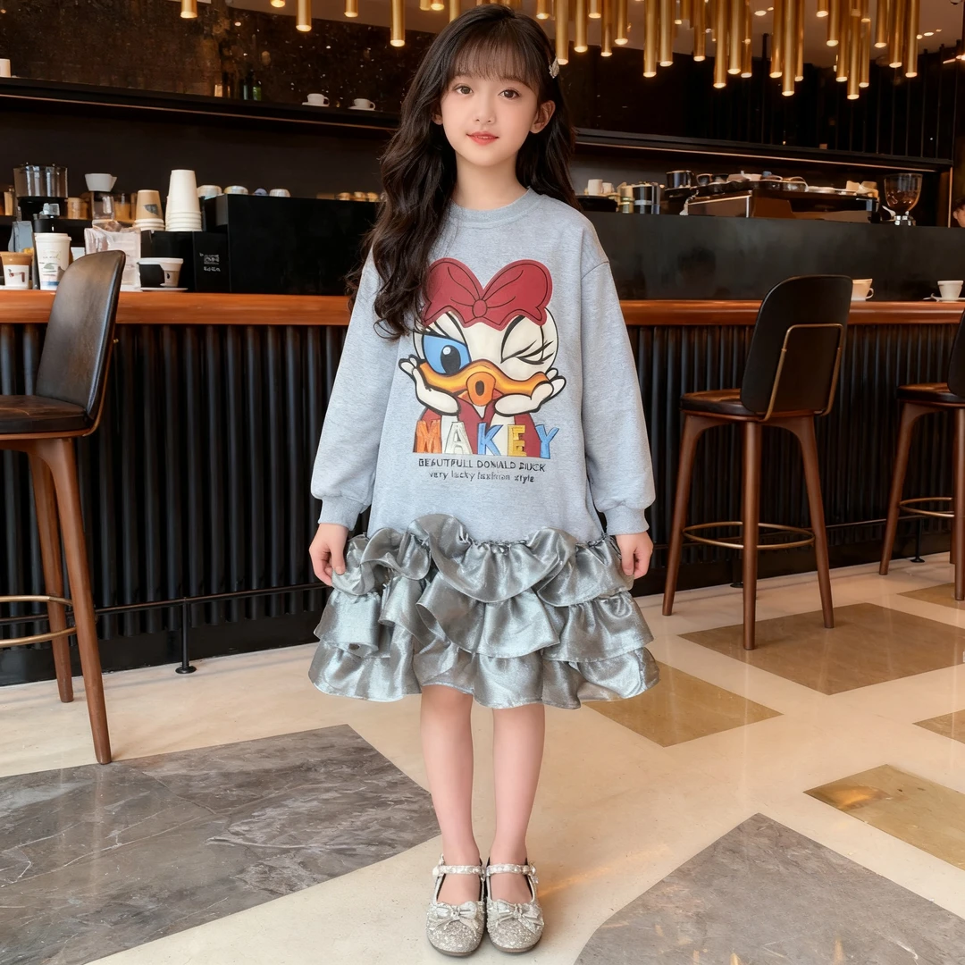 女中大童2025秋装卫衣裙生日连衣裙女童卡通印花韩版秋季公主裙