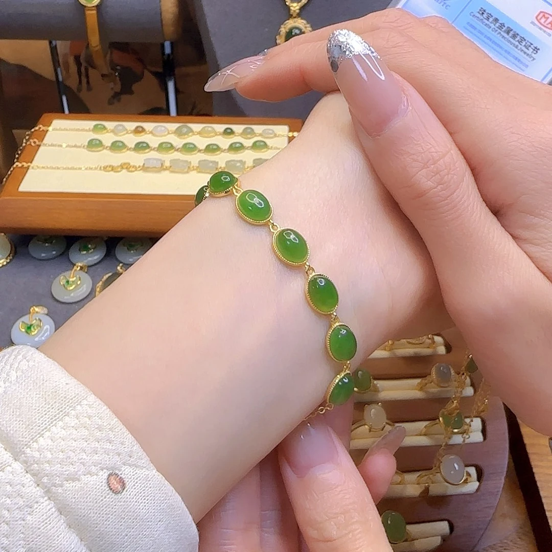 和田玉手链银S925镀金镶嵌