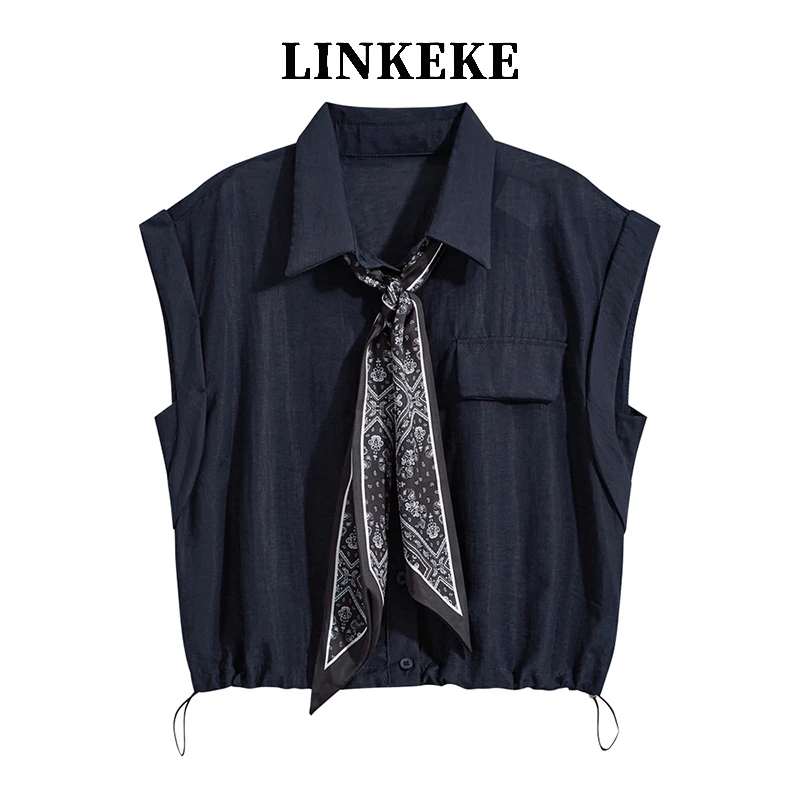 夏季2025新款宽松设计感POLO领设计感无袖衬衫女百搭短款衬衣上衣