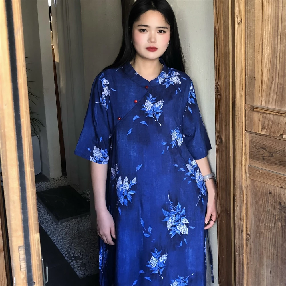 母亲节女棉绸旗袍蓝色可外穿家居服长裙夏季复古宽松中式裙子薄款